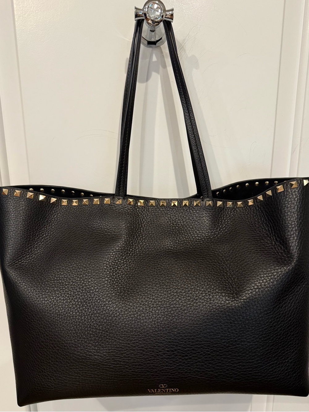 Valentino Black Leather Tote with Gold Pyramid Studs